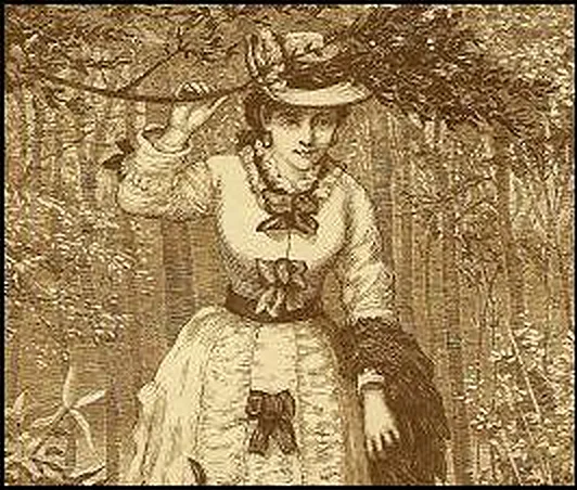 Engraving of a young woman in a hat standing among trees